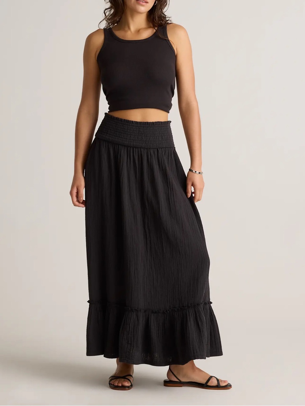 Quince Black Cotton Gauze Smocked Maxi Skirt